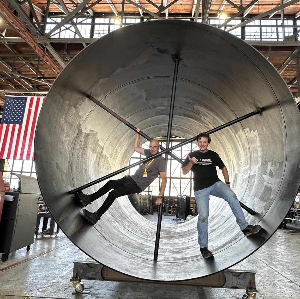 The Accelerator Demonstrator on the stand, with Scott Manley for scale.