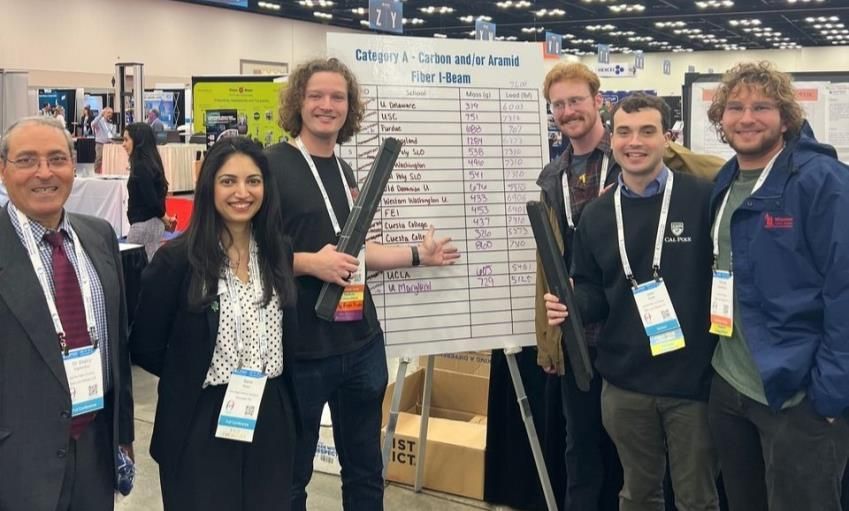 SAMPE 2025, Category A results board — Cuesta entries at 437 g / 7,200 lb and 826 g / 7,900 lb.